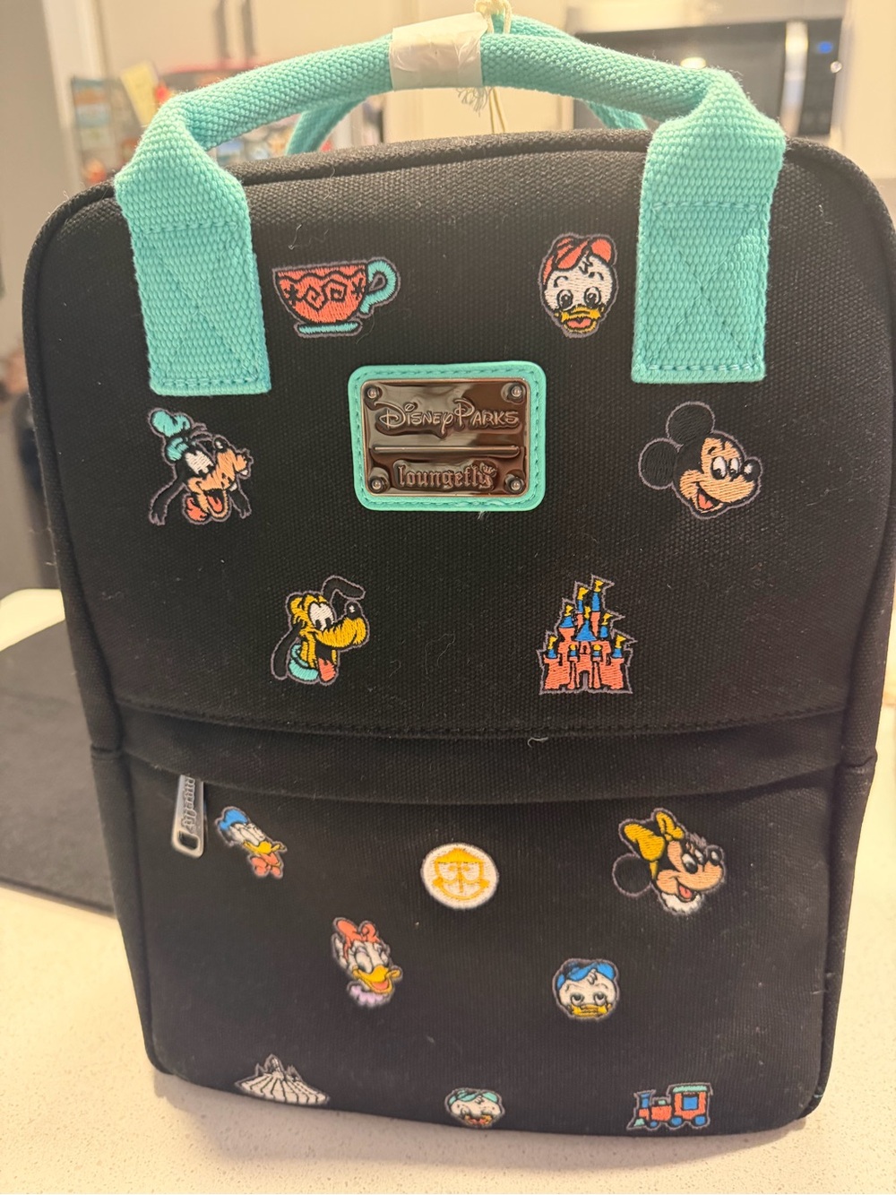 Loungefly Black Mini Backpack with Teal Handles and Disney Patch Icons